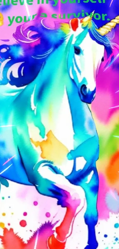 Colorful, inspiring unicorn art wallpaper with motivational text and vibrant design.