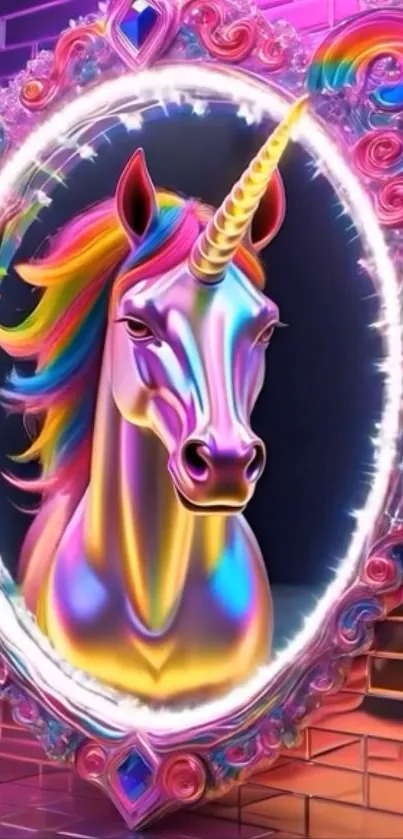 A vibrant, rainbow-colored unicorn in a decorative mirror with brick background.