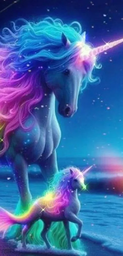 Colorful unicorns in a neon fantasy setting with vibrant hues.