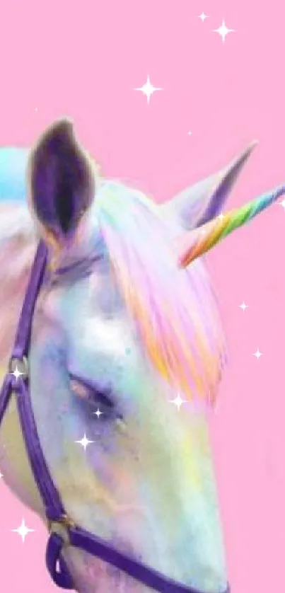 Vibrant unicorn on a pastel pink background.