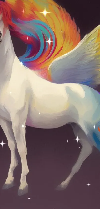 Vibrant unicorn with colorful wings on a dark background.