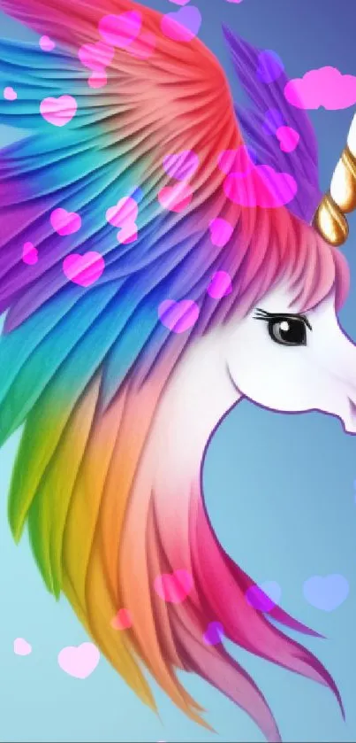 Vibrant unicorn with a rainbow mane against a soft blue sky.