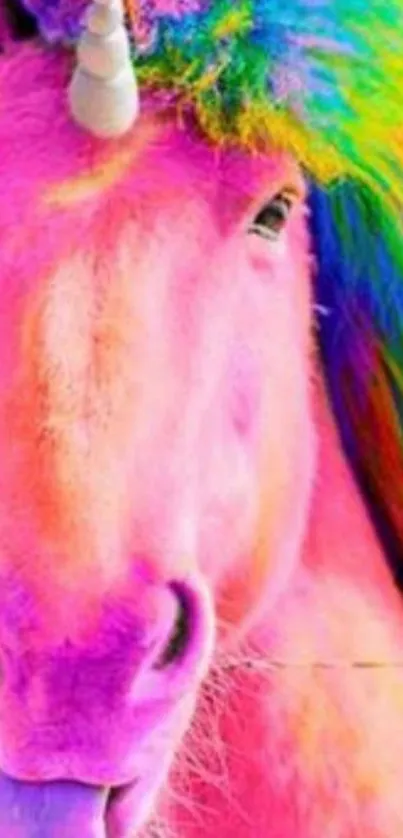 Colorful unicorn wallpaper with pink hues and a rainbow mane.