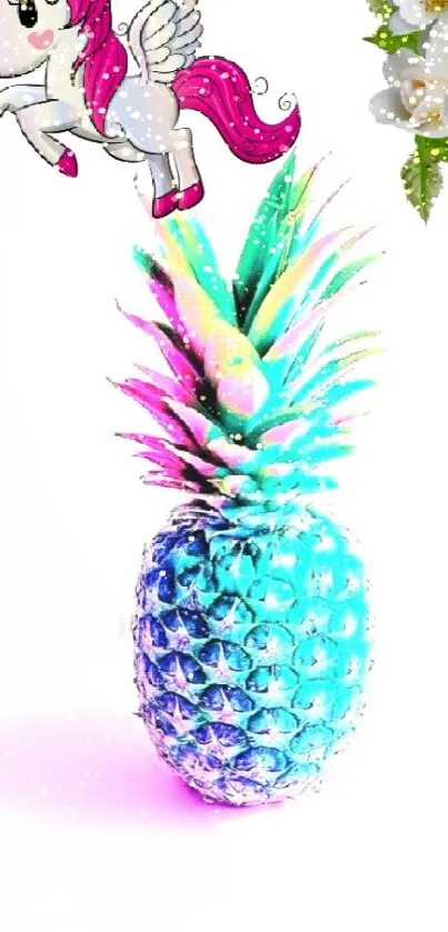 Colorful pineapple with unicorn and white flowers on a mobile wallpaper.