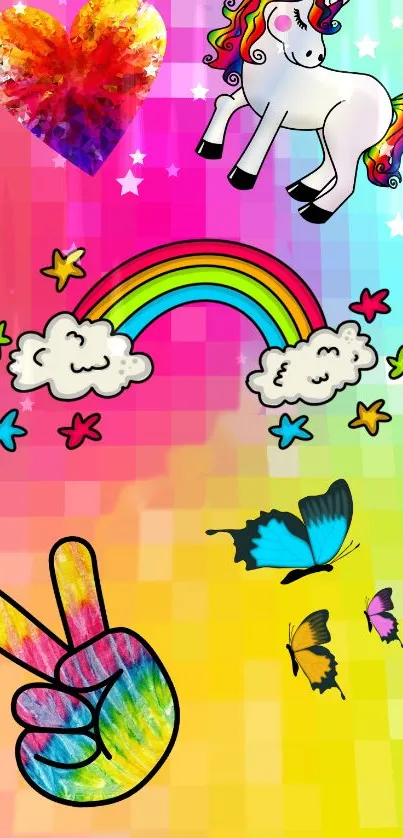 Colorful unicorn and rainbow wallpaper with butterflies.