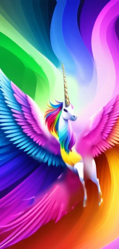 Vibrant unicorn with rainbow wings on a colorful abstract background.