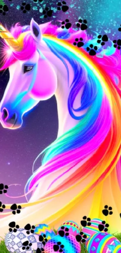 Colorful unicorn with a rainbow mane on a magical background.