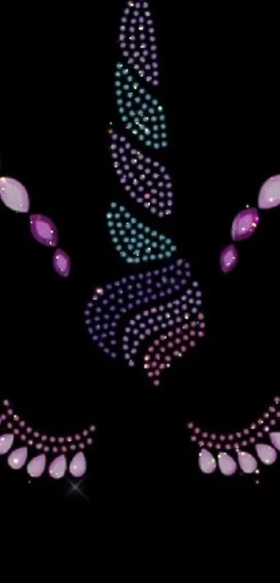 Unicorn-themed wallpaper with colorful gems on a black background.