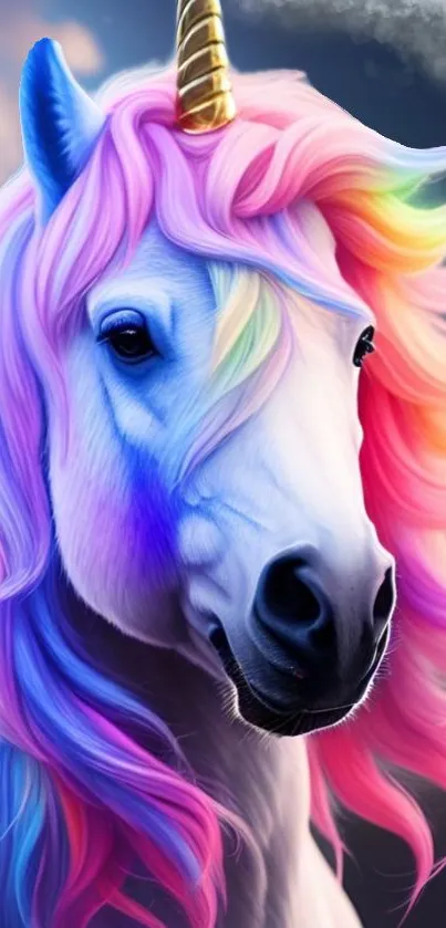 Majestic unicorn wallpaper with rainbow mane.