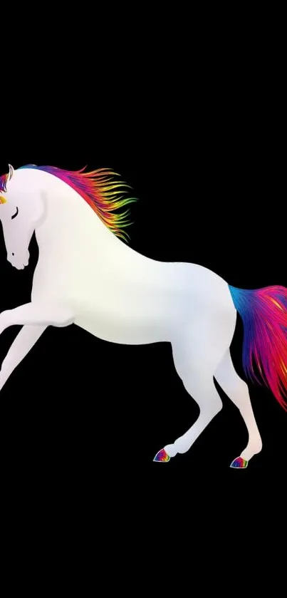 White unicorn with rainbow mane on black background.