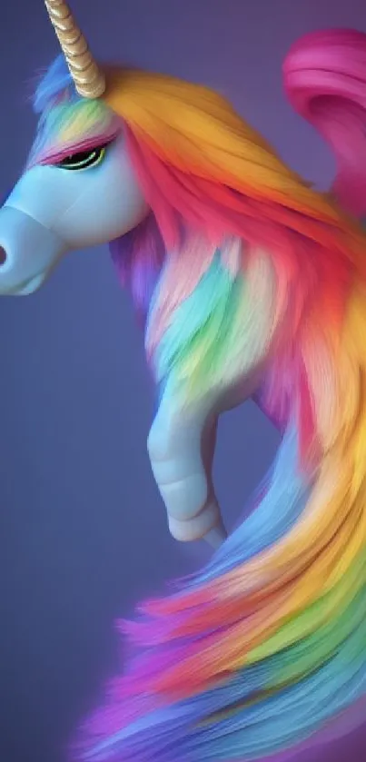 Vibrant unicorn with rainbow mane on a violet background.