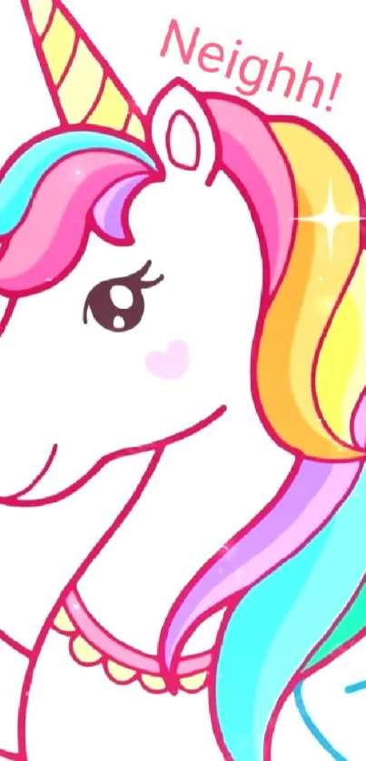 A colorful unicorn with a rainbow mane on a white background.