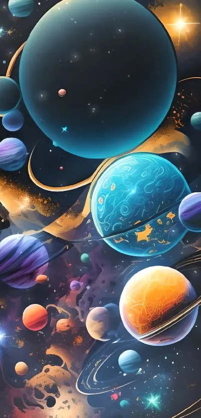 Vibrant space-themed mobile wallpaper with colorful planets and cosmic designs.