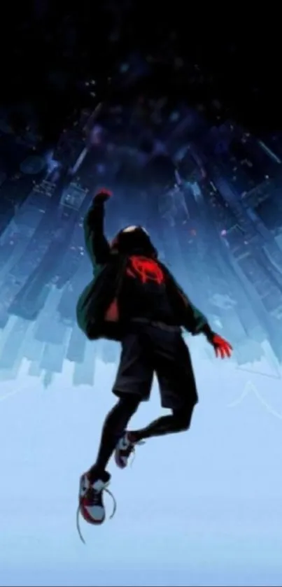 Dynamic urban figure against cityscape background.