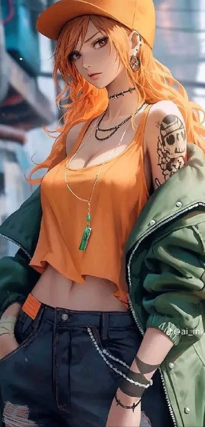 Anime girl in vibrant urban setting with orange and green outfit.