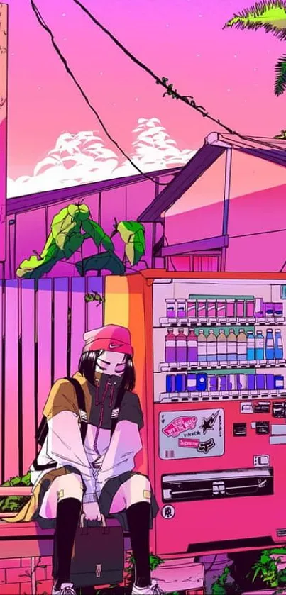 Anime style urban scene with vending machine and relaxed character.