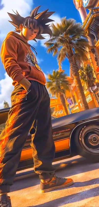 Anime street style character in vibrant urban setting with palm trees.