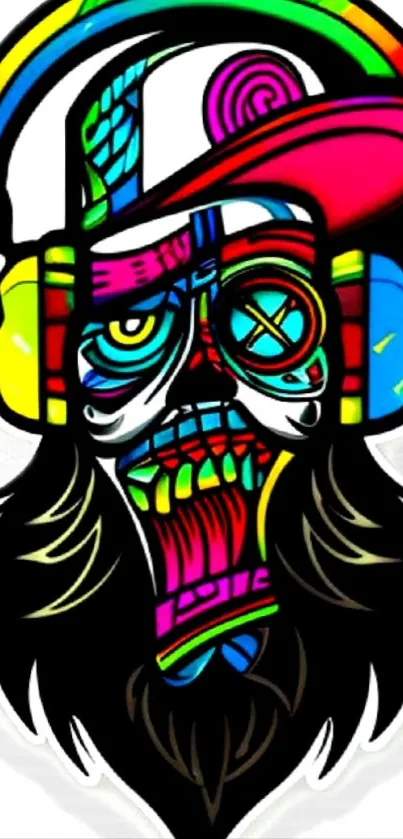 Colorful urban skull with headphones in graffiti style.