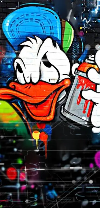 Graffiti-inspired character with spray paint on a vibrant urban wallpaper.