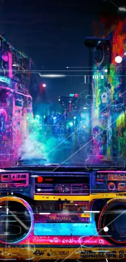 Vibrant cityscape with neon boombox and graffiti art.