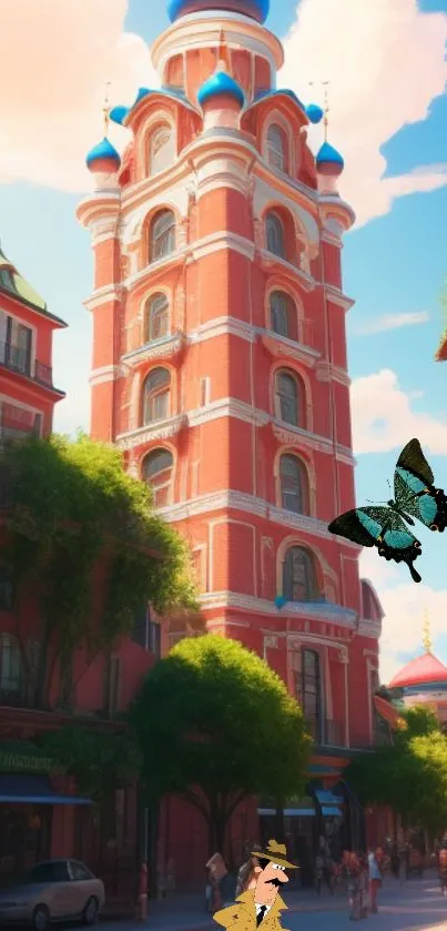 A vibrant cityscape with a red tower and butterfly, set against a blue sky.