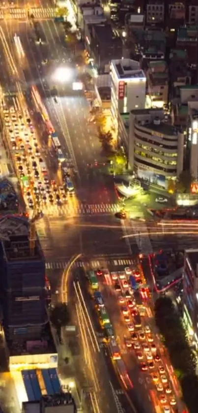 Vibrant cityscape at night with bright lights and busy streets.