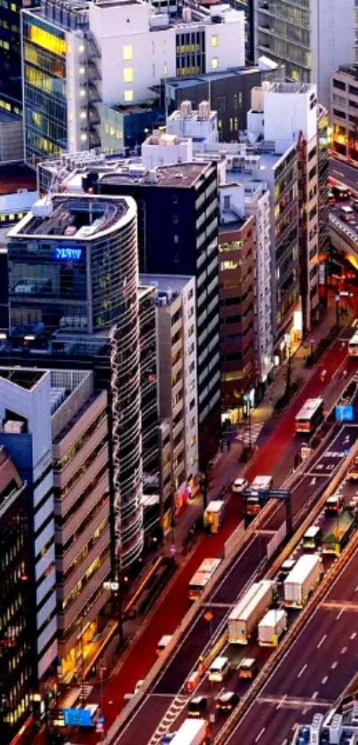 Vibrant cityscape with traffic on modern urban streets.