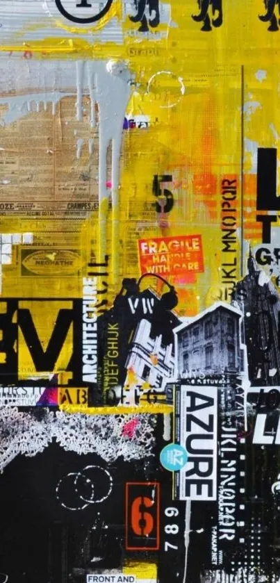 Vibrant urban collage wallpaper with yellow and black elements.