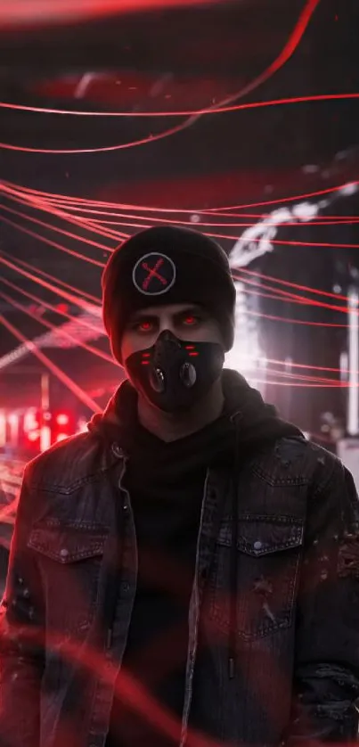 Cyberpunk masked character with red neon lights.