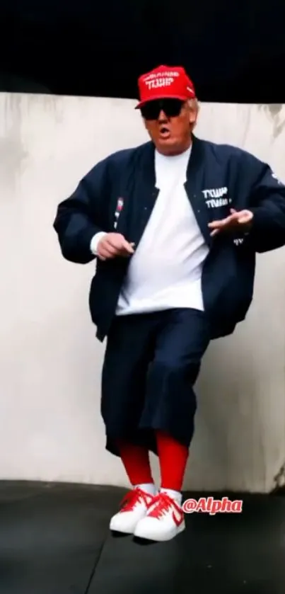 Person dancing energetically in urban fashion style.