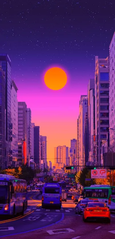 Vibrant cityscape with neon sky at night.