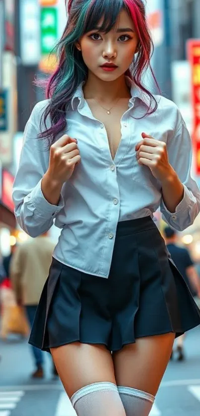 Young woman with colorful hair in an urban setting.