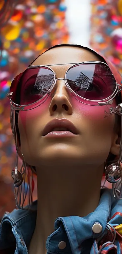 Fashionable portrait with pink sunglasses and vibrant colors.