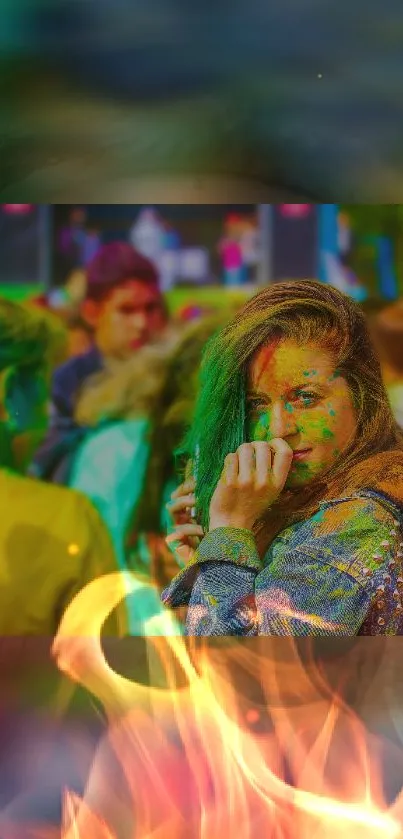 Vibrant urban festival scene with colorful lighting and dynamic crowd.