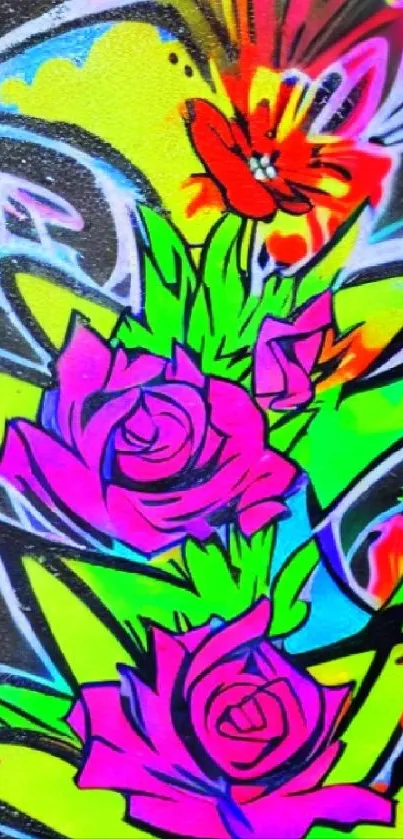 Bright graffiti floral art with neon colors on a black background.