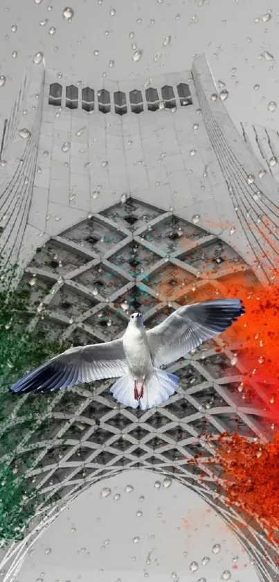 Urban wallpaper with vibrant colors and soaring bird.