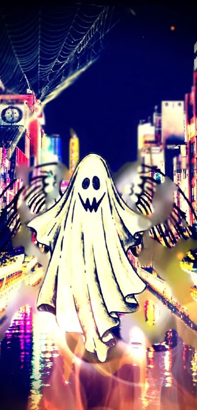 Spooky ghost in cityscape with colorful lights.