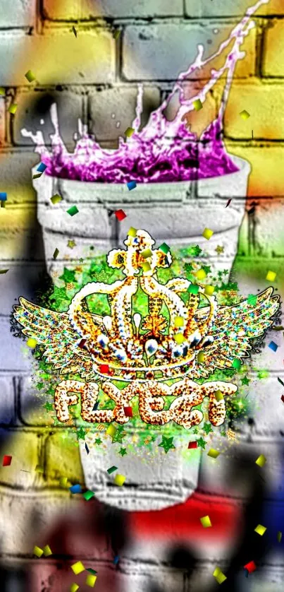 Colorful urban graffiti art with crown and cup.