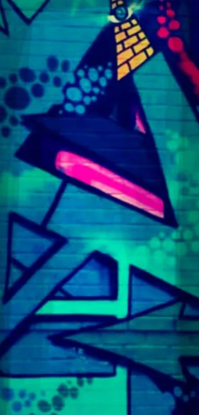 Vibrant urban graffiti wallpaper with geometric shapes and neon colors.