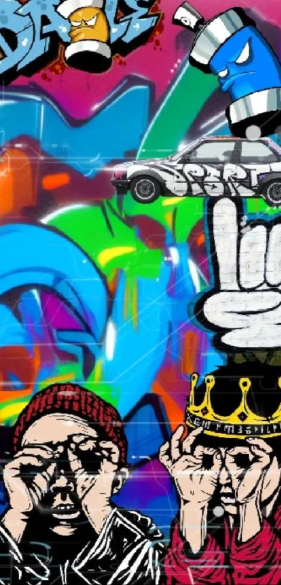 Vibrant graffiti art wallpaper with urban icons and colorful paint cans.