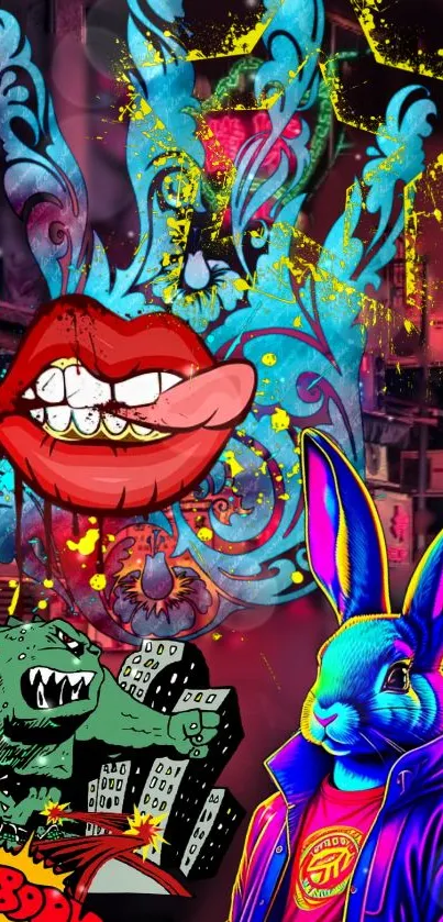 Vibrant graffiti art with a blue rabbit and cityscape.