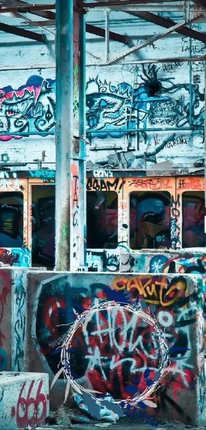 Vibrant graffiti art in an abandoned warehouse setting.