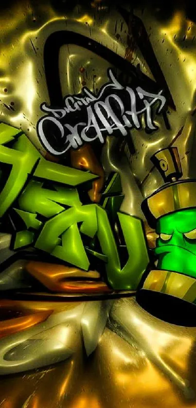 Dynamic green graffiti art with urban style and character elements.