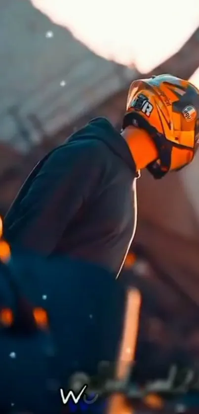 Man in orange helmet against urban backdrop.