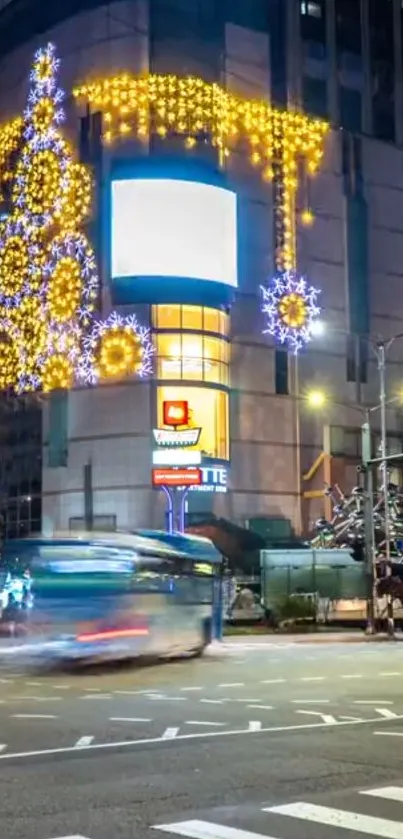 City street illuminated with vibrant holiday lights and decorations.