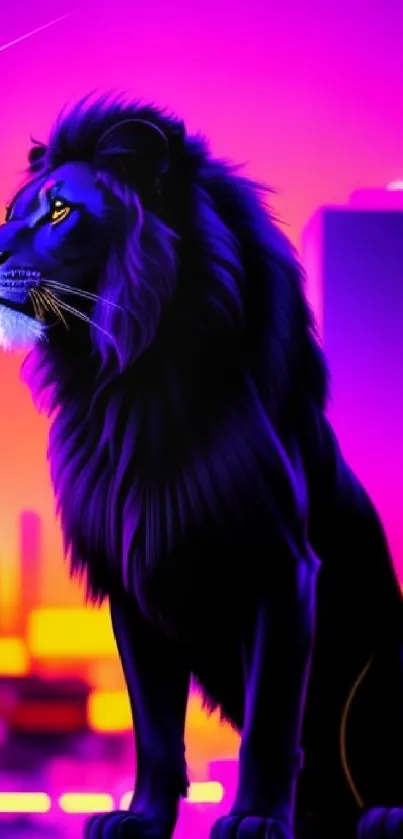 Majestic lion in neon cityscape at night.