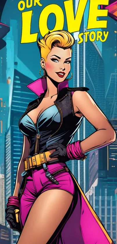 Animated character in vibrant urban setting with city backdrop and colorful attire.