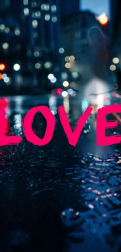 Neon LOVE sign on city street at night.