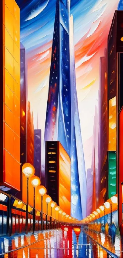 Futuristic cityscape with vibrant colors and bright urban skyline.