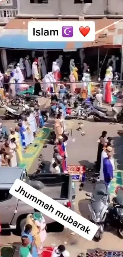 Aerial view of a vibrant community gathering outside a mosque on a busy street.